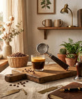 54mm Bottomless Espresso Portafilter With Three Ear Design For Breville And Sage Barista Machines on wooden board