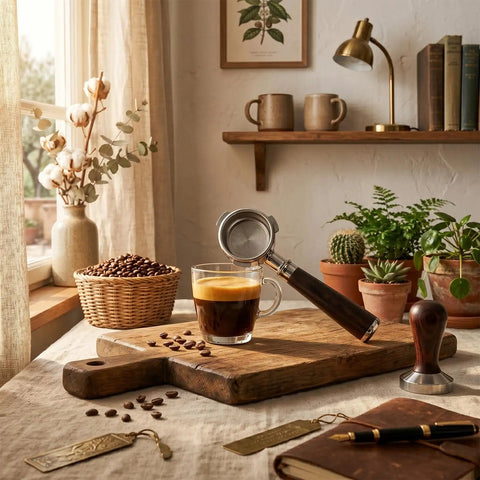 54mm Bottomless Espresso Portafilter With Three Ear Design For Breville And Sage Barista Machines on wooden board