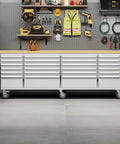 96 Inch Rolling Tool Chest With 24 Drawers For Serious DIYers And Pro Shops, Solid Rubber Wood Workbench Top, Locking Wheels And Key Lock, Mobile Garage Storage Cabinet Built For Workshop Organization, Silver