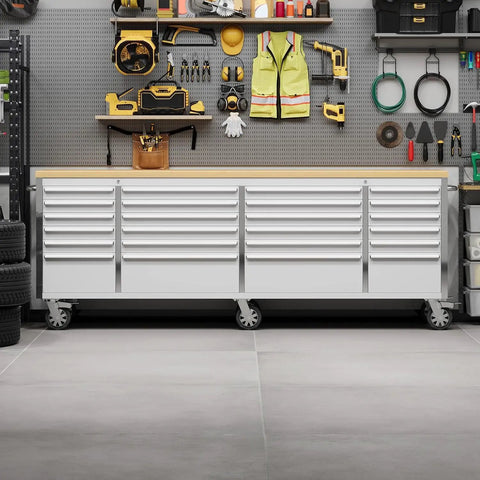 96 Inch Rolling Tool Chest With 24 Drawers For Serious DIYers And Pro Shops, Solid Rubber Wood Workbench Top, Locking Wheels And Key Lock, Mobile Garage Storage Cabinet Built For Workshop Organization, Silver