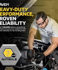Mechanic using Raven 7 Mil Black Nitrile Disposable Gloves Powder Free, 10 Pack, Medium, for automotive work with engine.
