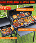 Dual Chamber Charcoal Grill With Offset Smoker, Spacious 510 Sq In Cooking Space displayed with open grill filled with food