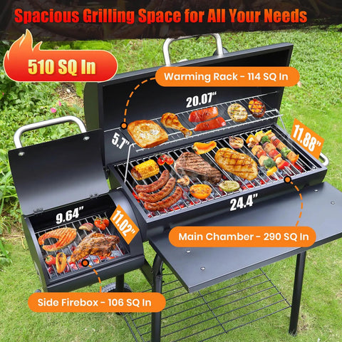Dual Chamber Charcoal Grill With Offset Smoker, Spacious 510 Sq In Cooking Space displayed with open grill filled with food