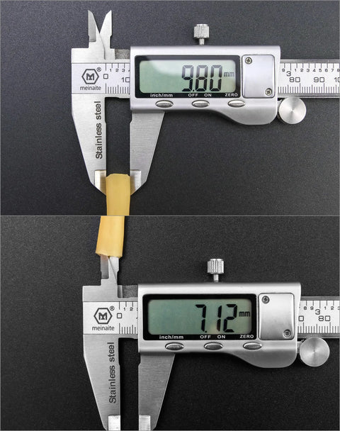Natural latex rubber tubing, yellow, 3/8 in outer diameter and 1/4 in inner diameter, shown with a digital caliper reading OD 9.80 mm and ID 7.12 mm.