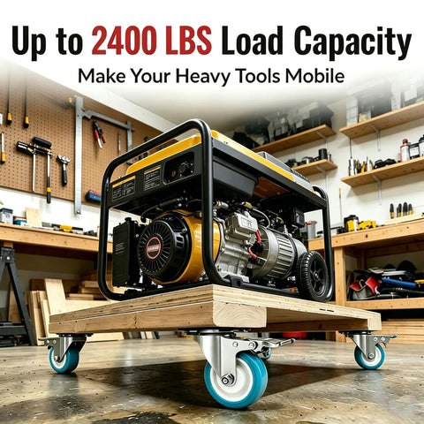 Killer 4 Inch Caster Wheels Heavy Duty TPR Silent Rollers mounted on a mobile wooden platform supporting a generator.
