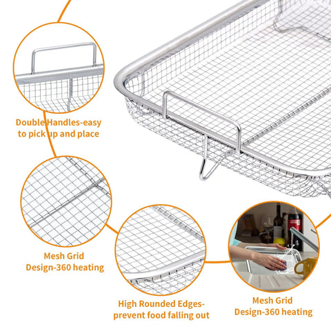 Stainless Steel Air Fryer Basket and Crisper Tray 13x9.6 Inch 2-Piece Set for Oven Toaster Oven Convection Cooking Baking Cooling Must-Have Fries Bacon Chicken For Home Chefs with mesh design details