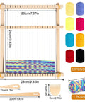 Beginner Friendly Weaving Loom Kit 9 By 11 Inch Wooden Frame includes yarn pack with tools for kids and adults, shown with measurements.
