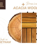 Top Shelf Nine Piece Solid Acacia Wood Interlocking Deck Tiles Non Slip Grooved Outdoor Flooring Easy Snap Together Setup showing premium acacia wood texture.