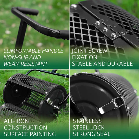 Heavy Duty Compost Spreader For Lawn And Yard Care, Fertilizer And Peat Moss Spreader Roller With Adjustable Handle shown in detail