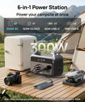 Beefed Up 192Wh Portable Power Station With LiFePO4 Battery powering a mini fridge, camera, phone, and drone outdoors.