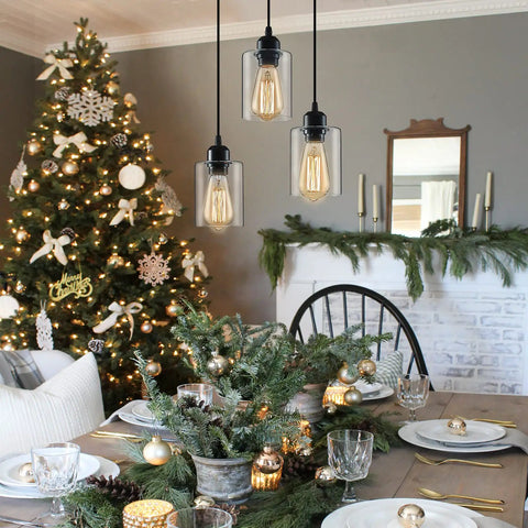 Industrial 3 Light Pendant Lighting With Adjustable 39.4 Inch Cords, Clear Glass Shade Over Festive Dining Table