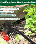 Weed Remover Tool for Gardening, Portable Weeder with 6 Teeth shown in a garden bed uprooting deep roots