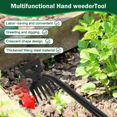 Weed Remover Tool for Gardening, Portable Weeder with 6 Teeth shown in a garden bed uprooting deep roots