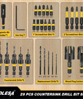 Pro Countersink Drill Bit Set For Fine Woodwork Includes Five Sharp Counter Sink Bits and accessories displayed on wood background.