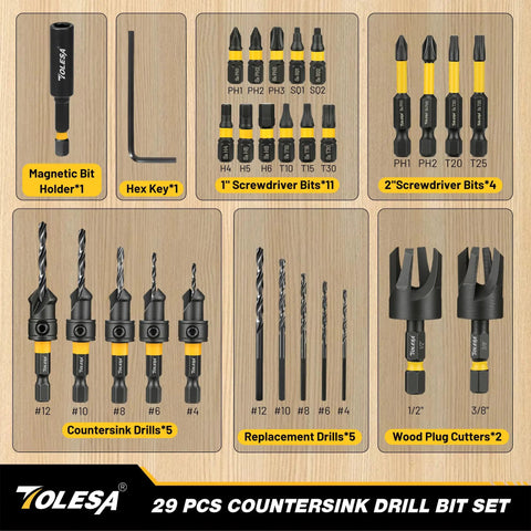 Pro Countersink Drill Bit Set For Fine Woodwork Includes Five Sharp Counter Sink Bits and accessories displayed on wood background.
