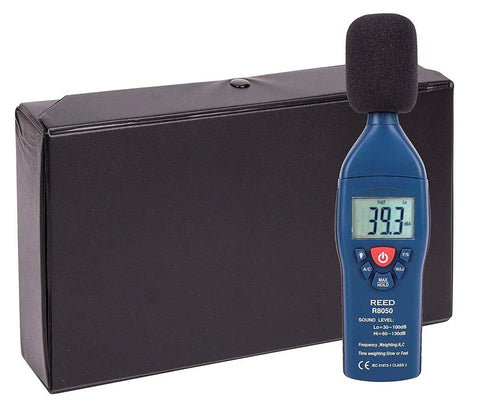 R8050 Dual Range Sound Level Meter Pro Grade Accuracy With Type 2 Compliance, black case, half inch microphone, backlit LCD display