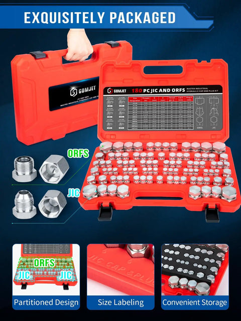 Beefy Pro Grade Industrial Hydraulic Cap And Plug Kit For JIC And ORFS Fittings 180 Piece Set With Precision Threading in case