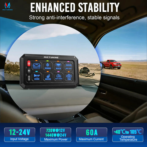RGB 8 Gang Switch Panel IP67 Waterproof LED Control Box For Cars Boats RVs with display on vehicle dashboard