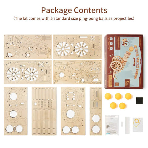 Package contents for 3D Wooden Puzzle Catapult Kit For Adults And Teens, DIY STEM Model Building Toy, Educational Wooden Cannon Project That Fires Ping Pong Balls, Hands On Mechanical Challenge For Fun And Learning, with wooden parts and 5 balls