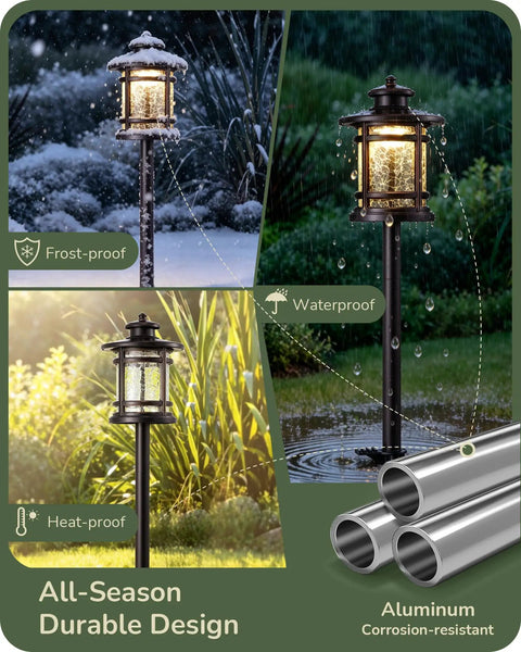 Low Voltage Pathway Lights Set, 3.4W 155LM 12V 3000K Warm Outdoor LED showing frost, heat, waterproof durability