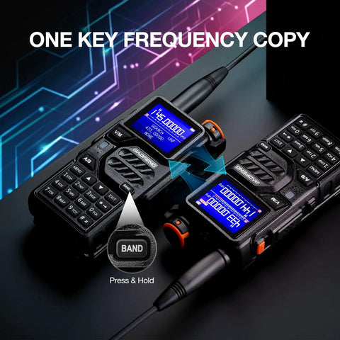 Tri-Band Ham Radio Long Range Handheld 10W Two Way Radio With UHF VHF 1.25M shown with key frequency copy feature
