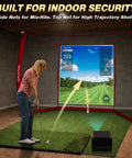 Woman using Golf Practice Net With Impact Screen 10 By 8 Feet Ideal For Home Backyard Garage Swing Training Indoor Outdoor Use; golf simulation setup