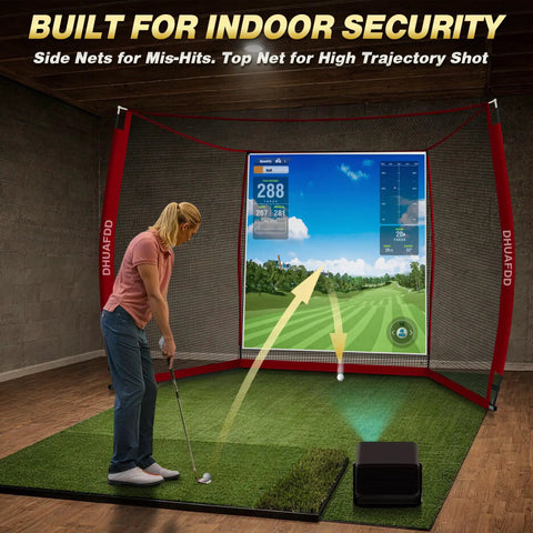 Woman using Golf Practice Net With Impact Screen 10 By 8 Feet Ideal For Home Backyard Garage Swing Training Indoor Outdoor Use; golf simulation setup