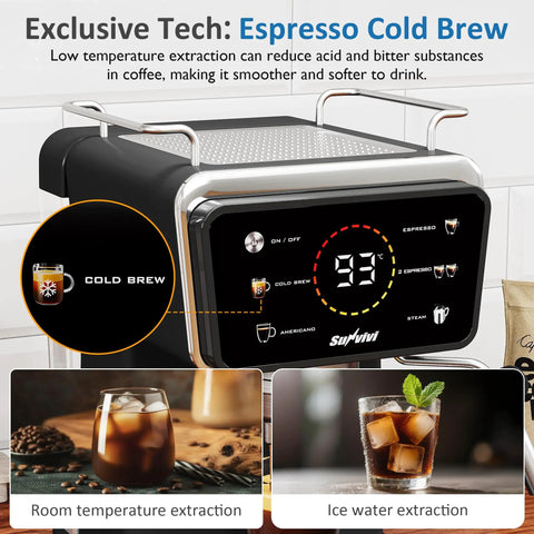 Real Deal Espresso And Americano Machine With Snappy Touchscreen Controls showcases cold brew feature and user-friendly controls.
