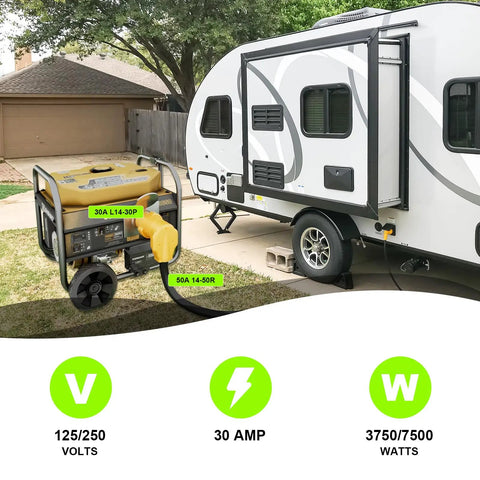 Heavy Duty Nema L14-30P To 14-50R RV Generator Adapter With 30 Amp Locking Plugs Plug And Go EV Power Converter connected to RV.