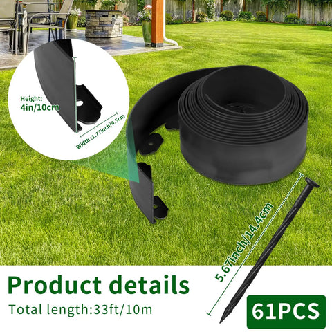 No Dig Garden Edging Border Kit 33 Foot Long 4 Inch High With 61 Spiral Spikes For Flower Beds Lawns And Yards Black Easy Install