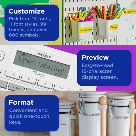 P-Touch PTD220 Label Maker For Home Office Use With TZe Tape Prints Up To Half Inch White Labels, LCD display, customizable fonts.