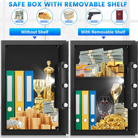 Beefy Home Safe 3.3 Cu Ft Digital Security Safe Box with removable shelf showing storage for documents, cash, and valuables.