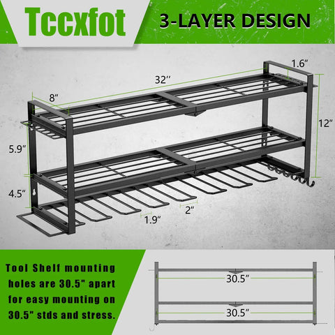 3 Layer Wall Mount Drill Organizer With 8 Slots Dope Tool Storage Rack for garage or workshop, dimensions and design shown