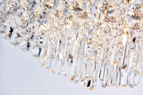 Close-up of sparkling crystals on Crystal Drum Ceiling Light Chandelier 9 Light Chrome Flush Mount LED Fixture Dimmable