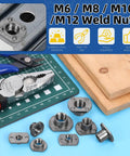 Pro Grade Heavy Duty Carbon Steel Weld Nuts Set M6 M8 M10 M12 for auto mechanics, showing sorted nuts on a work surface.