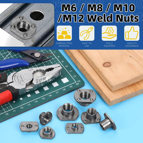 Pro Grade Heavy Duty Carbon Steel Weld Nuts Set M6 M8 M10 M12 for auto mechanics, showing sorted nuts on a work surface.