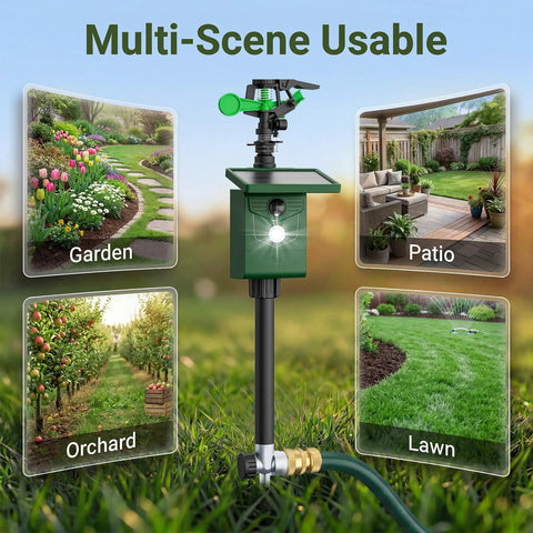 Solar Powered Motion Activated Sprinkler Deterrent For Yard And Garden Keeps Deer Cats Dogs Rabbits Birds Away in various scenes