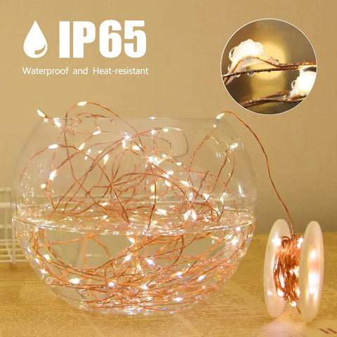 Plug In Fairy Lights 33ft 100 LED Twinkle String Lights with Remote Timer in water bowl, showing waterproof IP65 feature