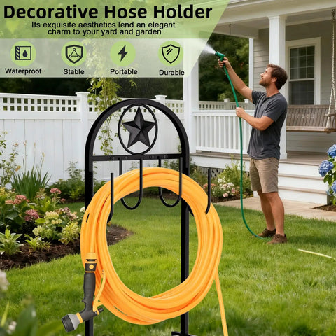 Man using Upgraded Garden Hose Holder With Four Point Stable Base Freestanding Heavy Duty Hose Reel in a lawn setting