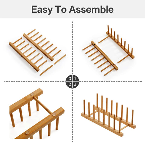 2 Pack Premium Bamboo Dish Rack And Plate Holder With 7 Slots To Level Up Your Kitchen Game, assembly steps displayed.