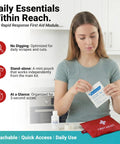 Front view of a red first aid kit pouch labeled FIRST AID KIT on a kitchen counter with antiseptic bottle and gauze pad nearby
