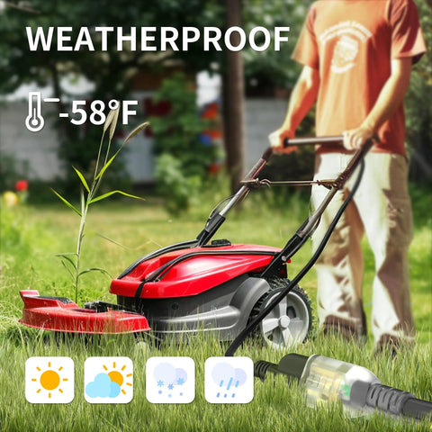 Heavy Duty 25 Foot Outdoor Extension Cord Built Tough For Real Outdoor Jobs 10 Gauge Waterproof Black With Lighted End connected to a lawn mower in a grassy yard.