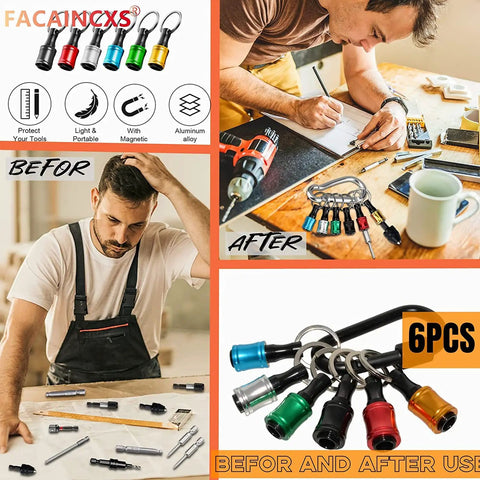 Man working with 6-piece magnetic tool keychain holder, showcasing before and after use, highlighting practicality and organization.