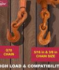 Close-up of heavy duty ratchet binder hooks for 5/16 and 3/8 inch Grade 70 chain, showcasing high compatibility and load capacity.