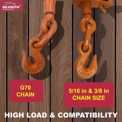 Close-up of heavy duty ratchet binder hooks for 5/16 and 3/8 inch Grade 70 chain, showcasing high compatibility and load capacity.