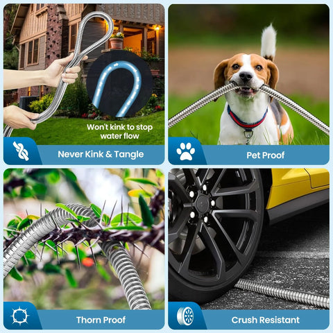 Garden hose collage: metal braided hose held by hand; dog with hose in mouth; thorny plant nearby; car wheel near hose.