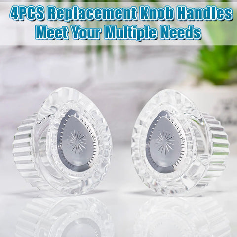 Close-up of two clear shower knobs from Replacement Shower Knob Kit For Moen 100710 Single Handle Tub And Shower Faucets Chrome Inserts 4 Pcs Hassle Free Install Precise Fit Durable Build Keeps Water Flow And Temperature Stable Bathroom Upgrade.