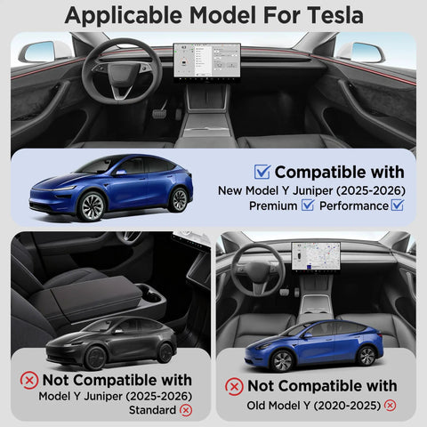 Diagram showing compatibility of Ten Piece Center Console Organizer For Model Y Juniper 2025 2026 Premium And Performance