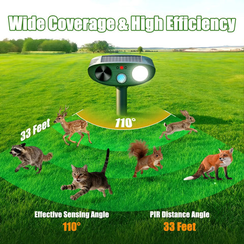 Solar Powered Ultrasonic Animal Repellent With Motion Sensor And LED Flash Light For Yard Garden Lawn Deterrent Against Deer Squirrels Cats Raccoons Rabbits And Dogs 110° 33 feet