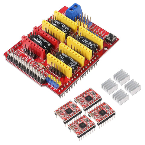 3D Printer CNC Shield V3 Engraver Expansion Board with 4x A4988 Driver Modules and Four Radiator Heatsinks Kit for DIY milling projects.
